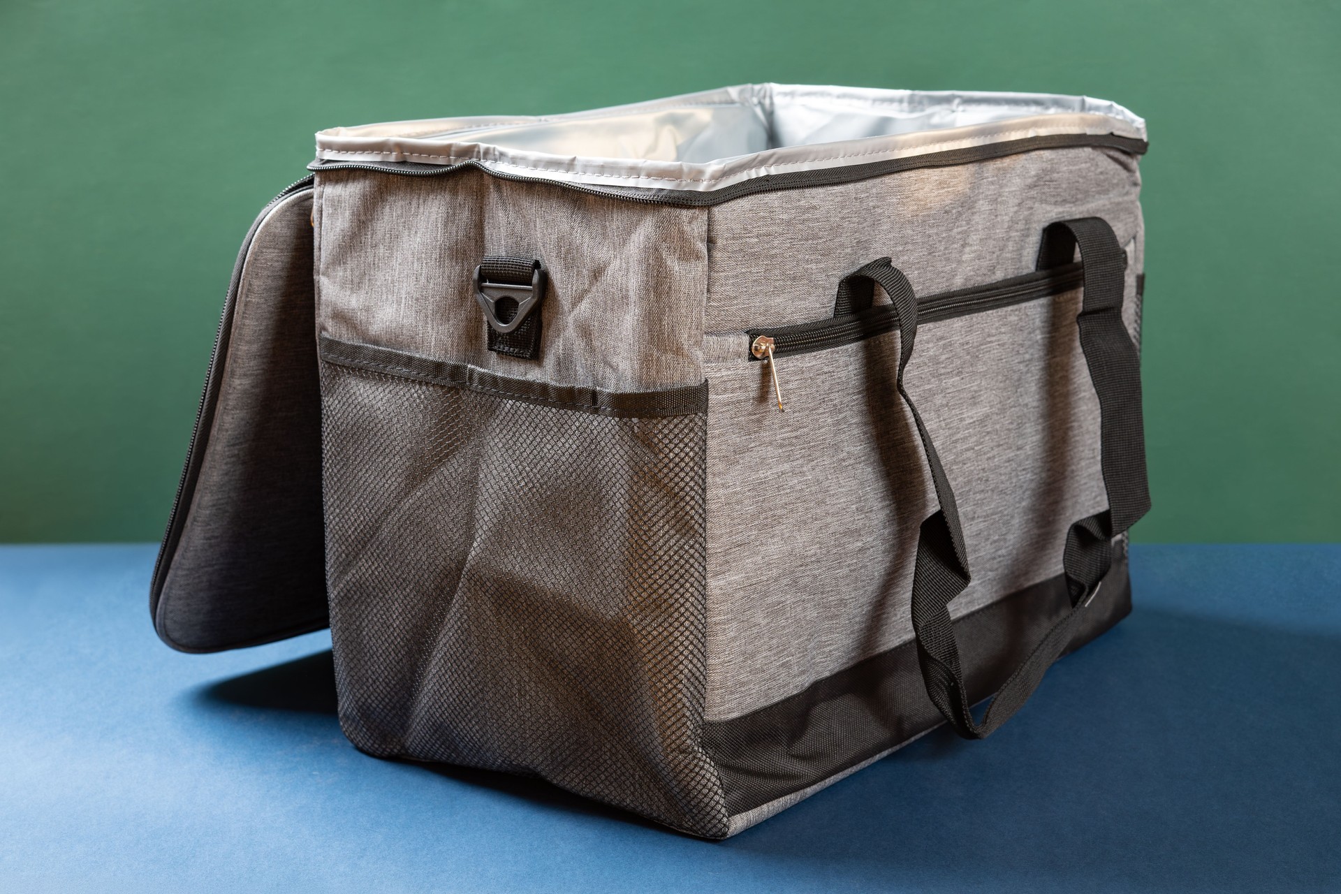 side view big grey lunch pack carrier with the top open