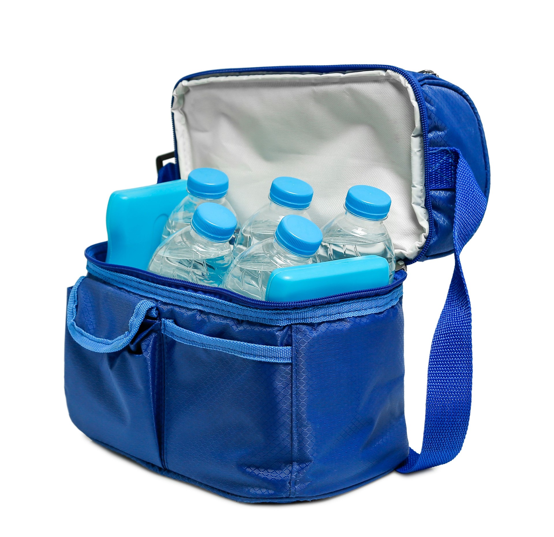 cooler bag with bottles of water